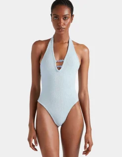 Adriana Beaded Swimsuit - Metallic Ice Blue