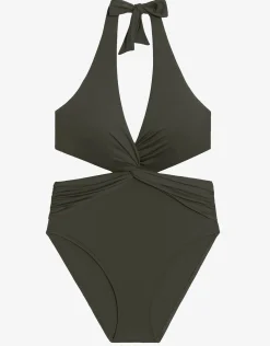Beach Club Solids Cut Out Halter Swimsuit - Olive