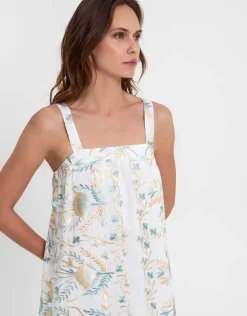 Blossom Wide Strap Dress - White and Multi Green