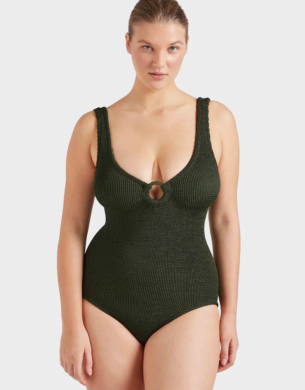 Coverage Celine Swimsuit with Tonal Hoop - Metallic Khaki