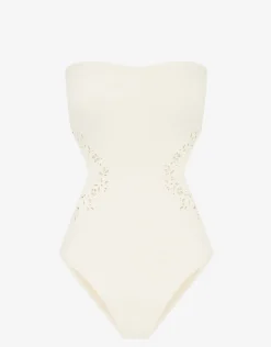 Creme Memoir Embroidered Strapless Swimsuit - White