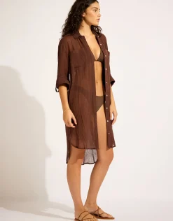 Crinkle Twill Beach Shirt - Dark Chocolate