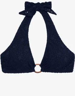 Crochet Rattan Ring Halter Bikini Top - Navy