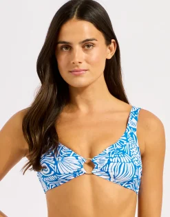 C Shells Ring Front Tank Bikini Top - Sapphire
