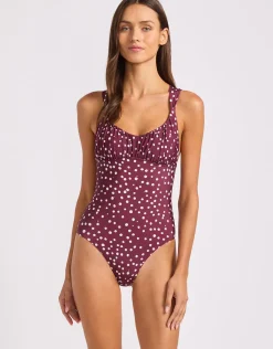 Dolce Dot Ruched Cross Back Swimsuit - Dark Burgundy