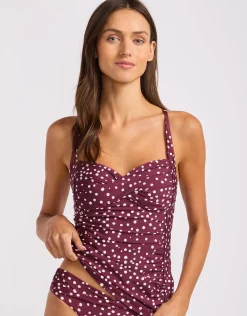 Dolce Dot Twist Halter Tankini Bikini Top - Dark Burgundy