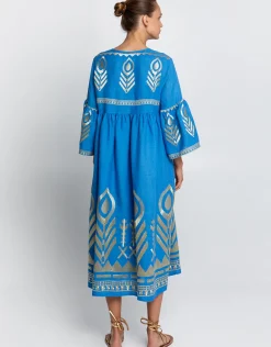 Feather Bell Sleeve Kaftan - Blue Raf and Gold