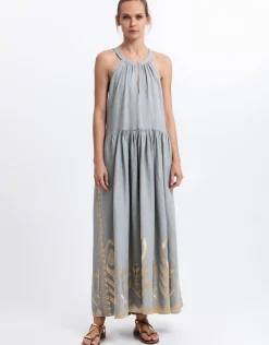 Feather High Neck Dress - Stone and Gold