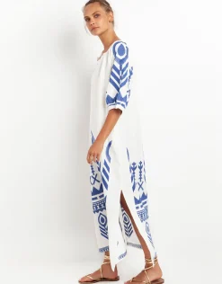 Feather Kaftan Dress - White and Blue