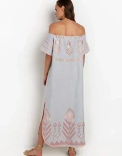 Feather Off The Shoulder Dress - Light Grey and Pink Bronze