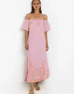 Feather Off The Shoulder Dress - Pink and Pink Bronze