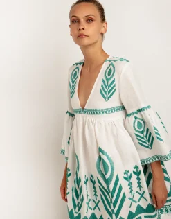 Feathers Mini Dress - White and Emerald