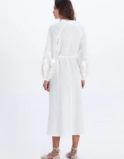 Ios Button Front Kaftan Dress - White and Champagne