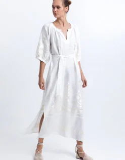 Ios Midi Kaftan Dress - White and Champagne