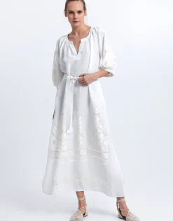 Ios Midi Kaftan Dress - White and Champagne