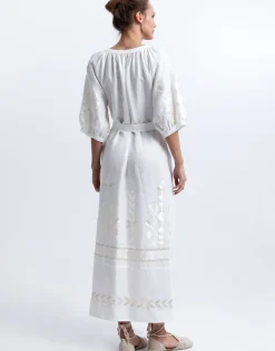 Ios Midi Kaftan Dress - White and Champagne