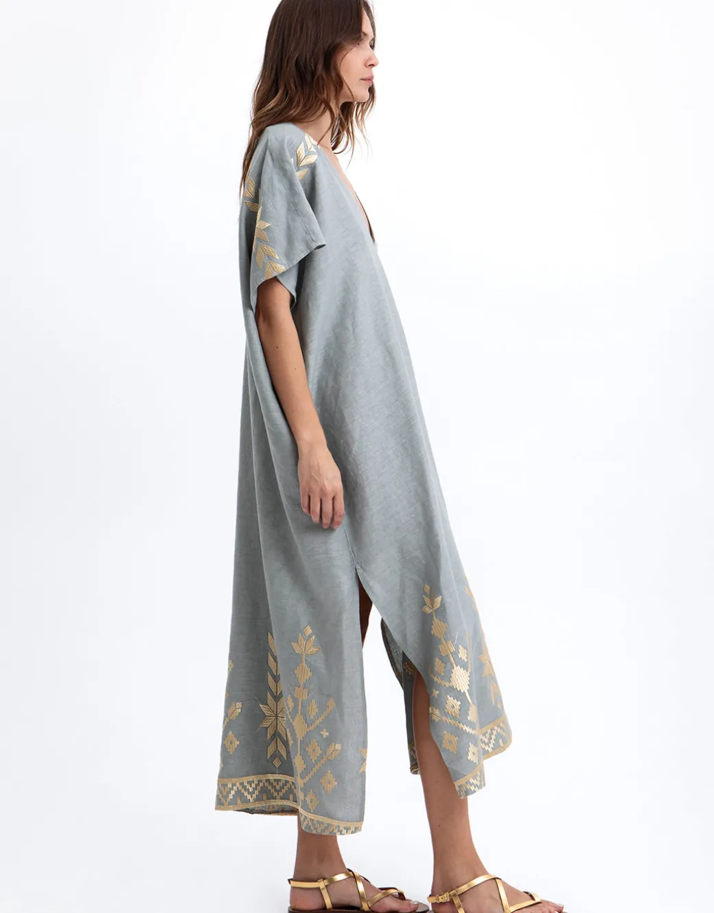 Ios Midi Kaftan - Light Grey and Gold