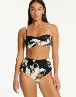 La Luna High Waist Gathered Side Bikini Pant - Black