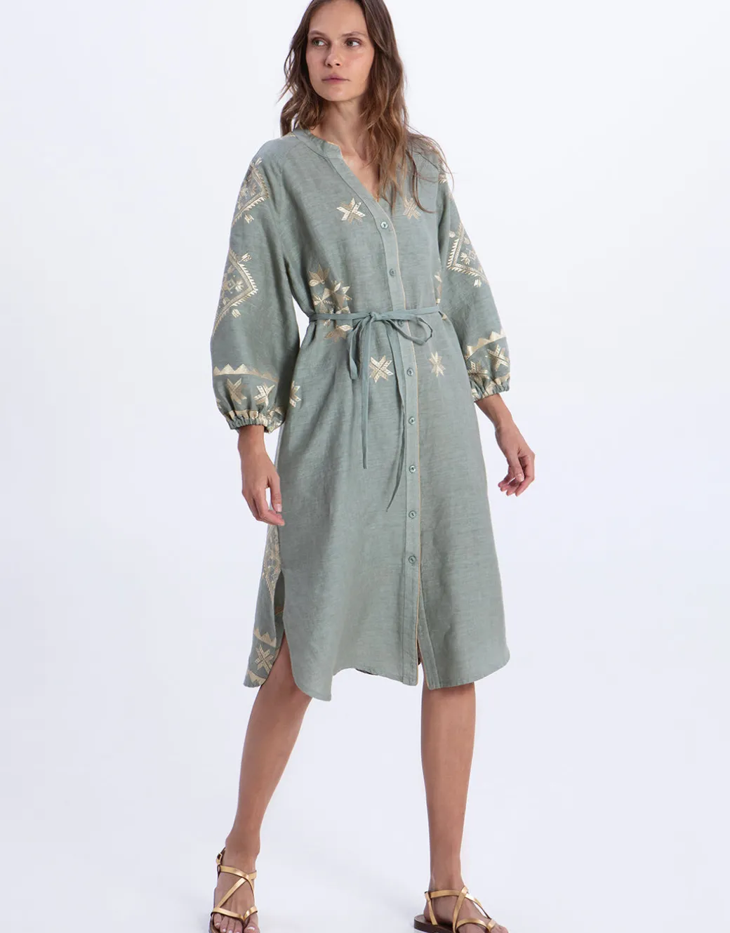 Lefkada Midi Shirt Dress - Sage and Gold