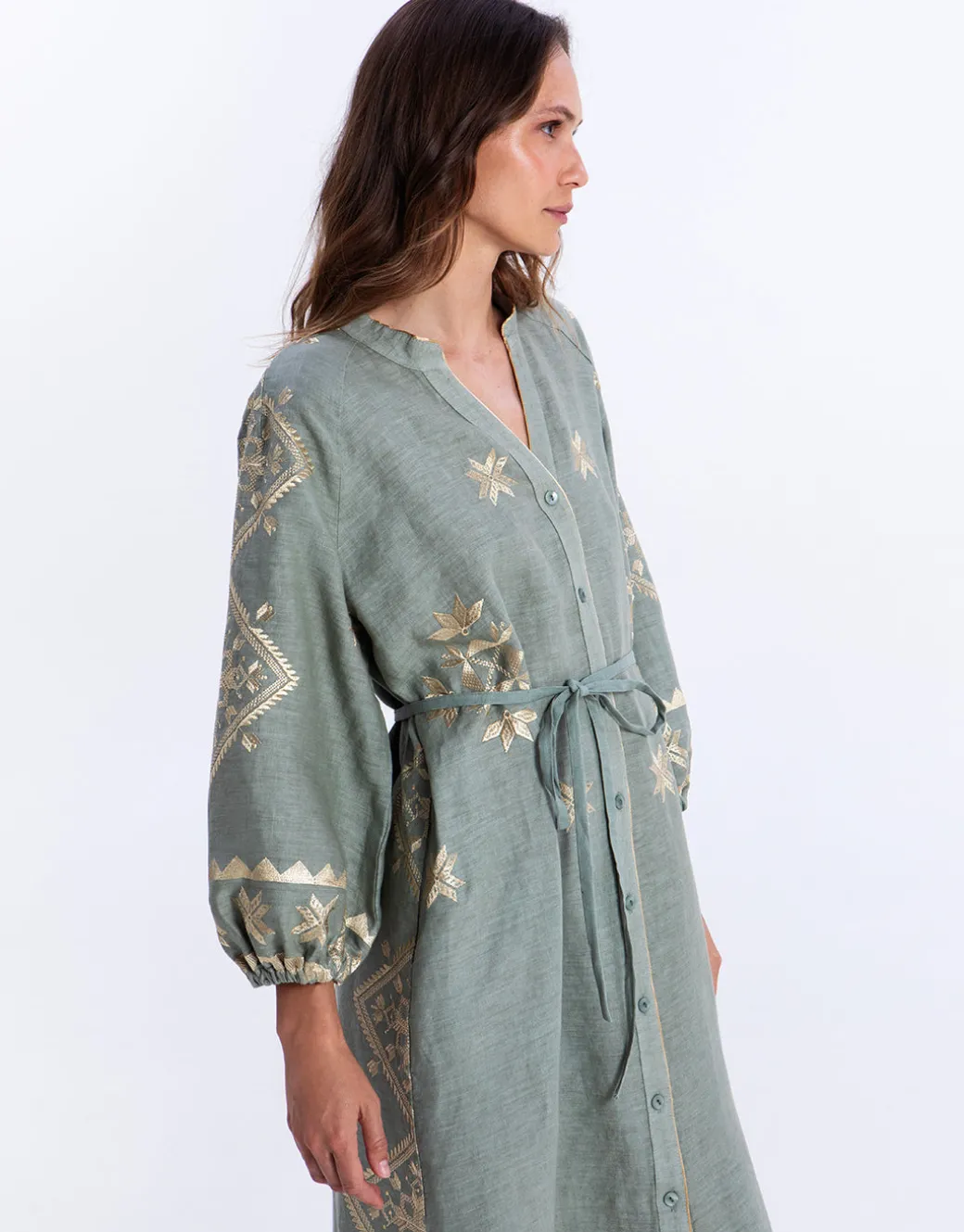 Lefkada Midi Shirt Dress - Sage and Gold