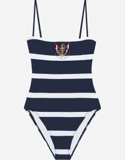 Mariner Stripe Embroidered Square Neck Swimsuit - Navy and White