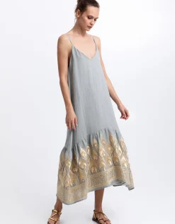 Phoenix Strappy Midi Dress - Light Grey and Gold