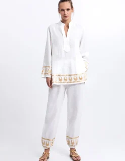 Selene Gathered Hem Trousers - White and Gold