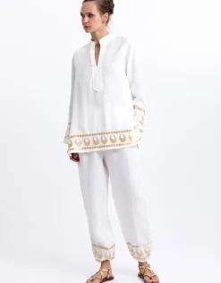 Selene Gathered Hem Trousers - White and Gold