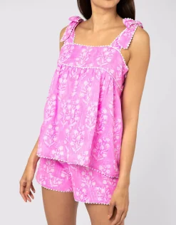 Small Flower Block Print Tie Shoulder Top - Orchid