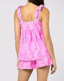 Small Flower Block Print Tie Shoulder Top - Orchid