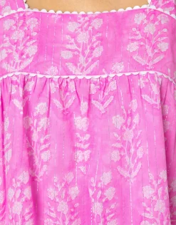 Small Flower Block Print Tie Shoulder Top - Orchid
