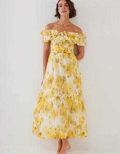 Soft Focus Florals Ruffle Bandeau Midi Dress - Vivid Yellow