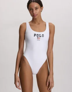 USA Logo Scoop Tank Swimsuit - White