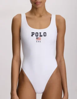 USA Logo Scoop Tank Swimsuit - White